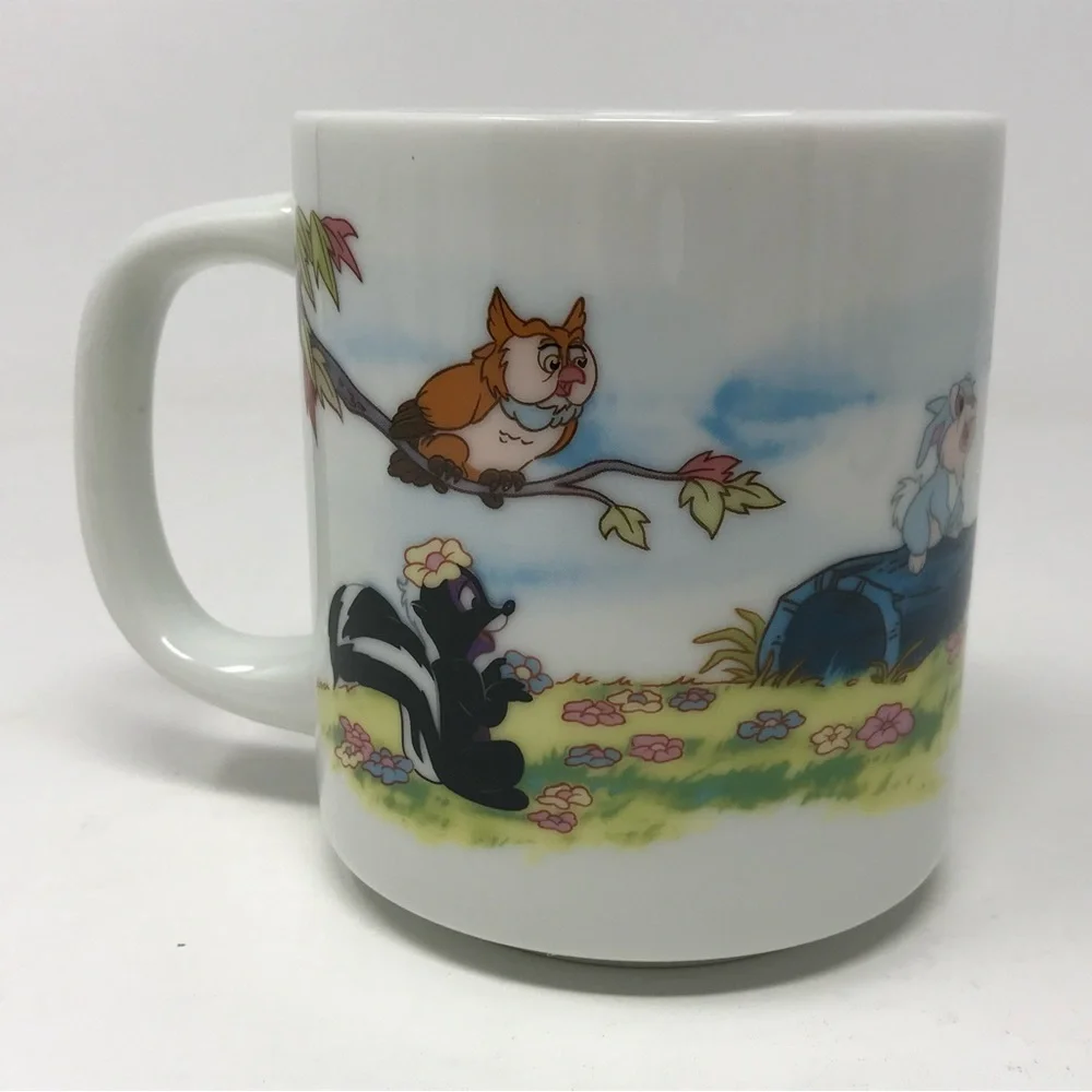 Vintage Disneyland Walt Disney World Bambi Thumper Flower Owl Mug Blue Rim - Picture 3 of 9